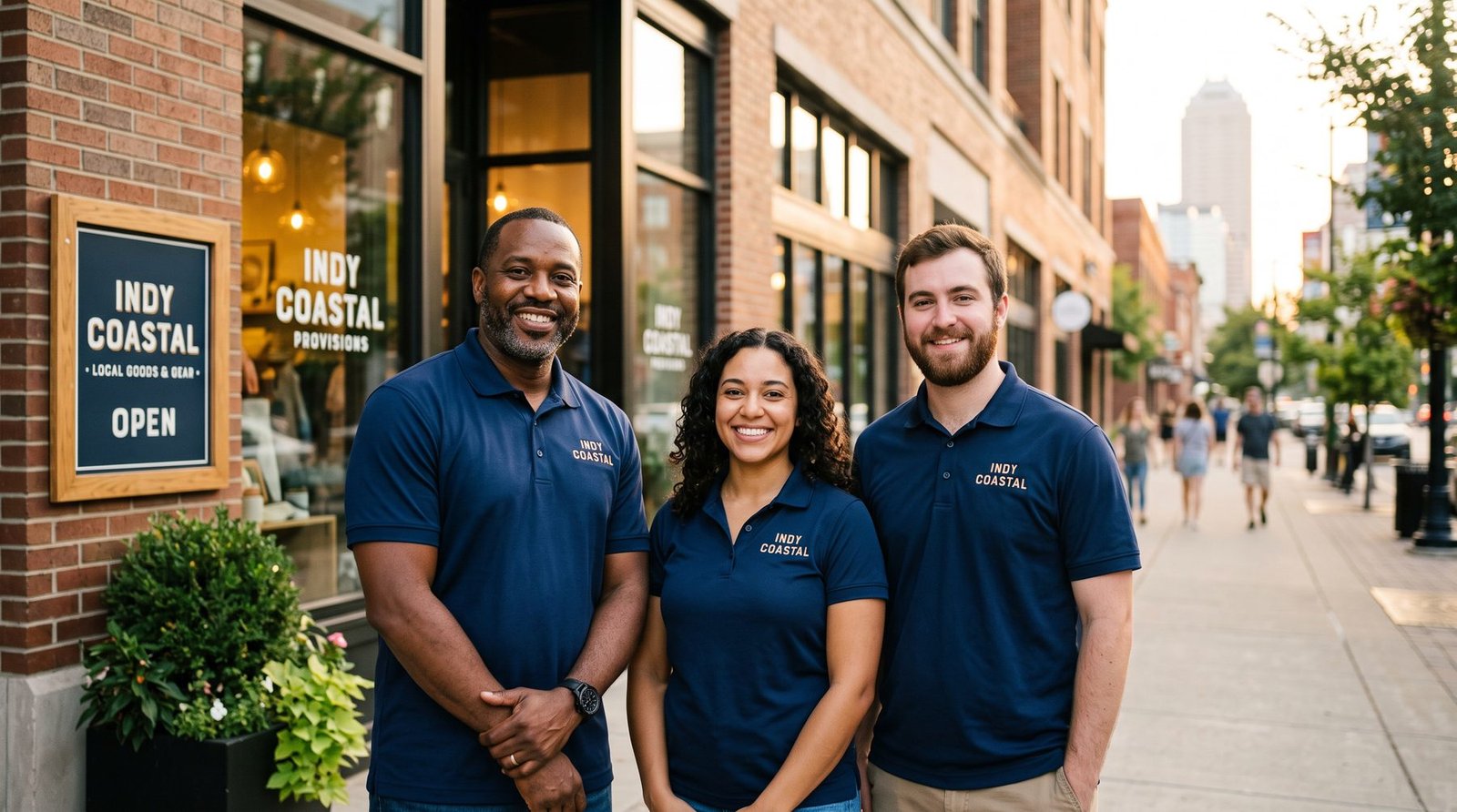 Small business owner and employees wearing custom embroidered polo shirts outside their Indianapolis storefront