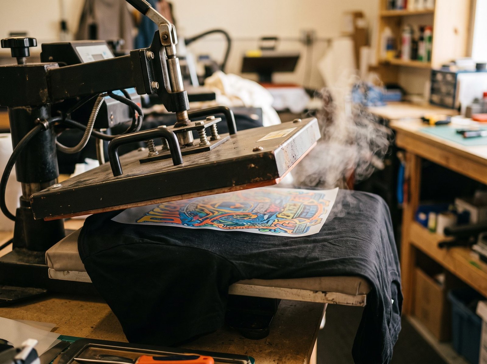 DTF heat press applying a colorful printed transfer film onto a black t-shirt