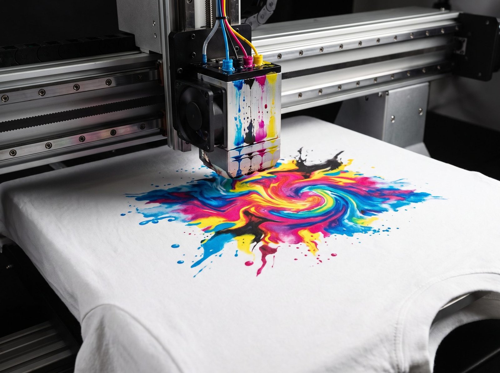 Direct-to-garment printer head printing a vibrant full-color design onto a white t-shirt