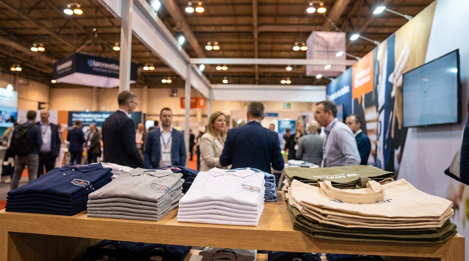 Trade show booth with branded folded polo shirts and tote bags displayed on a table