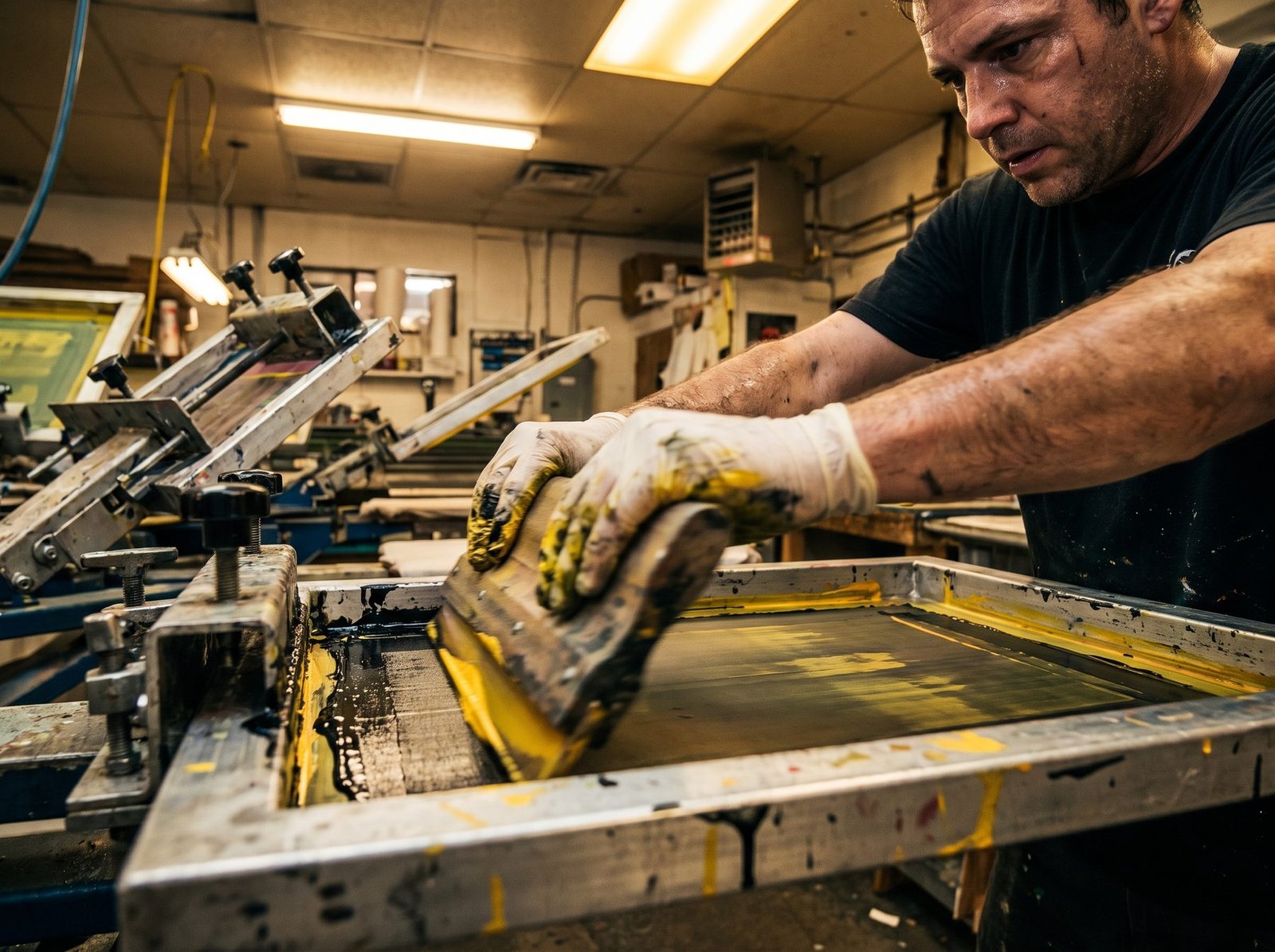 Dynamic close-up of a screen printing press operator working quickly with motion blur
